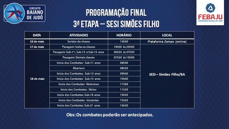 Se ligue! Houve alteração na programação dos horários de sábado da 3ª Etapa do Circuito Baiano de Judô