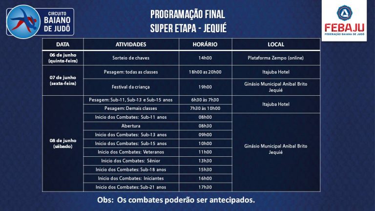 Fique ligado (a) na alteração da programação da Super Etapa do Circuito Baiano de Judô, em Jequié